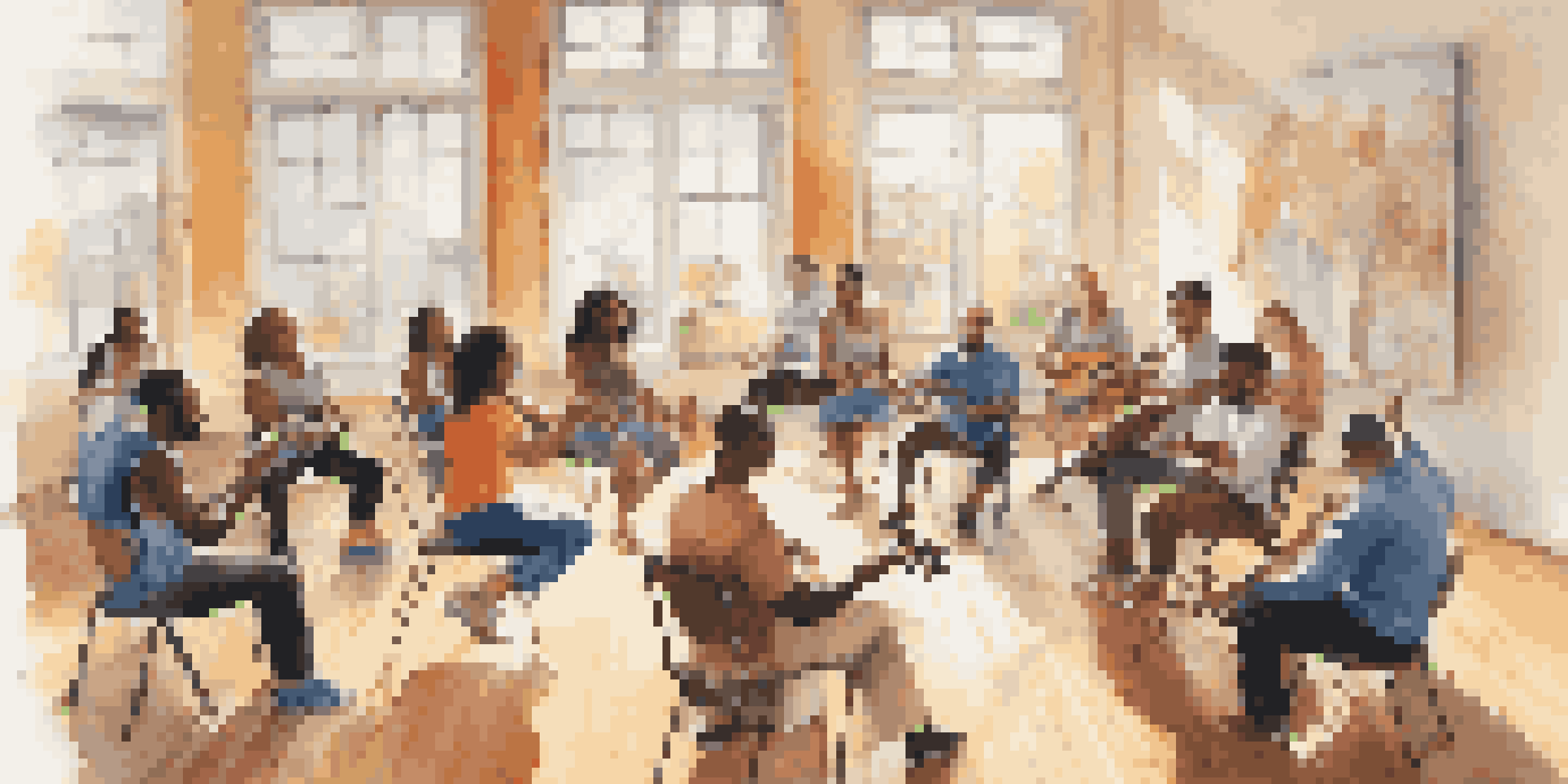 A group of diverse individuals in a training session, playing musical instruments and smiling, with posters on the walls about nonverbal communication.
