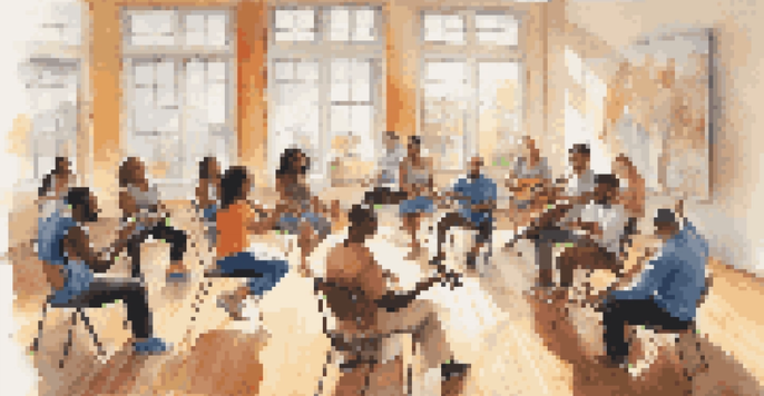 A group of diverse individuals in a training session, playing musical instruments and smiling, with posters on the walls about nonverbal communication.