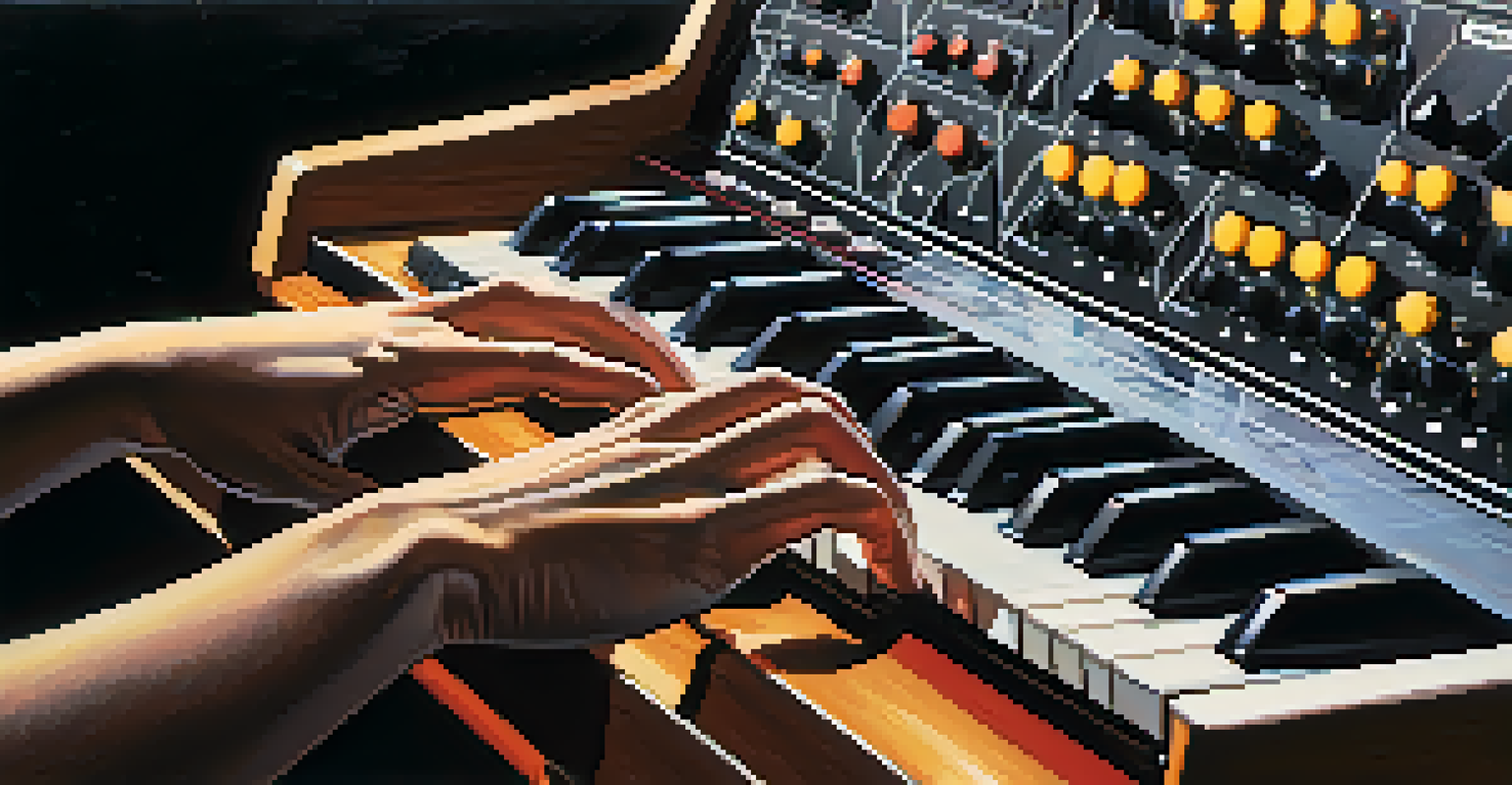 A close-up of a musician's hands on a Moog synthesizer, with vibrant sound waves visualized around them.
