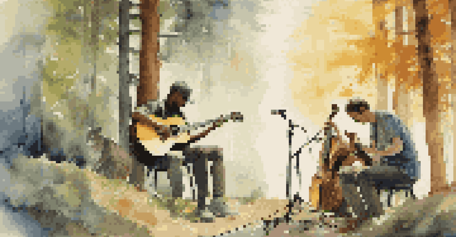 A split image with one side showing a person playing acoustic guitar in a forest, and the other side showing a band performing electric music on stage.