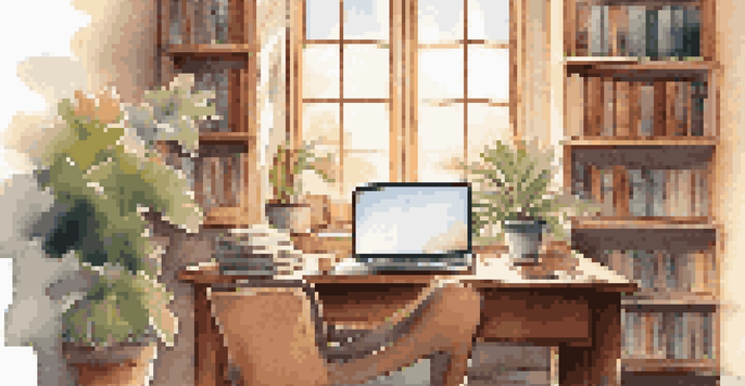A cozy study desk with a laptop, books, a potted plant, and a cup of tea, illuminated by warm sunlight.
