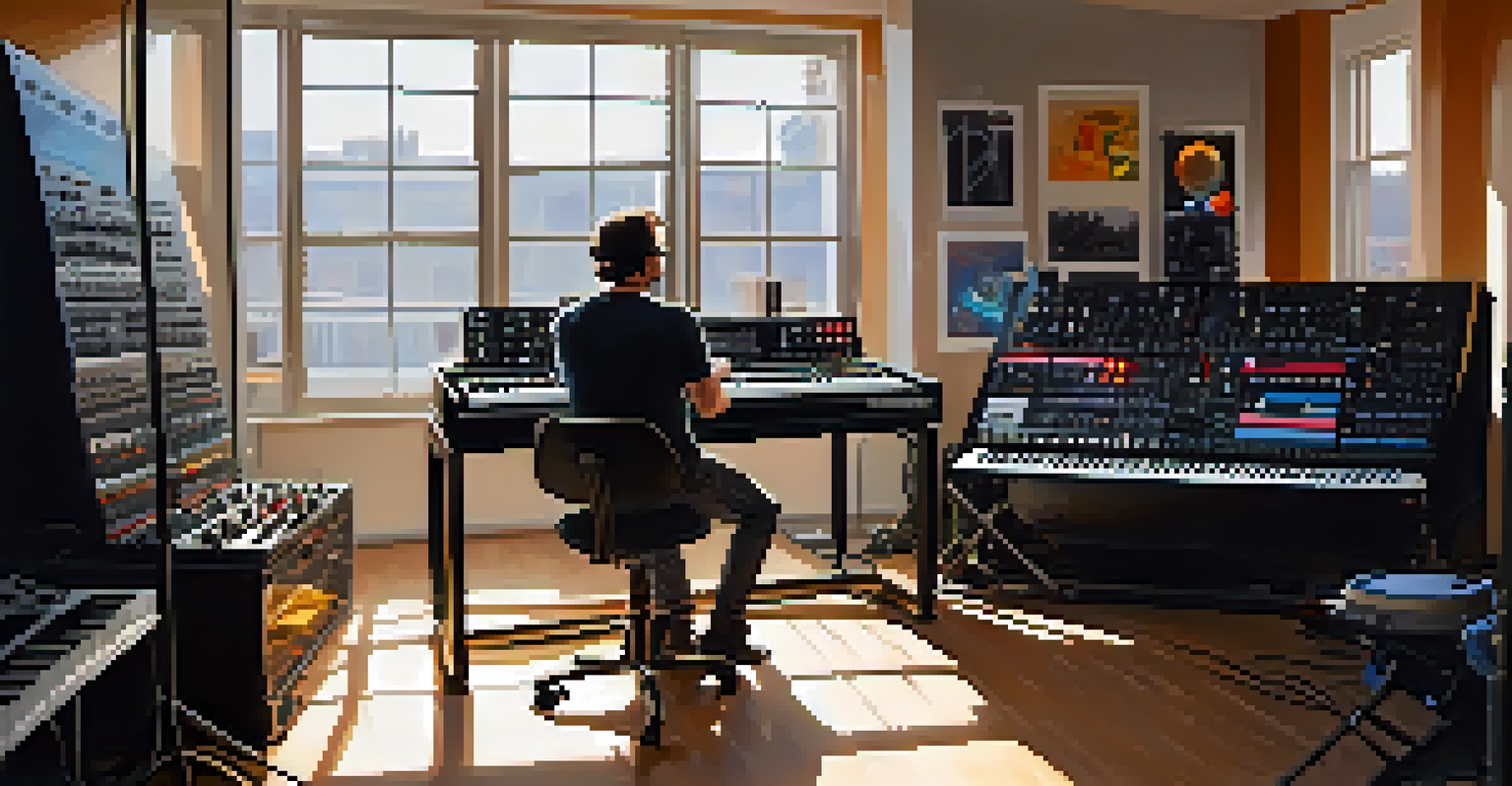 An artist working on a modular synthesizer in a sunlit modern studio filled with electronic instruments.