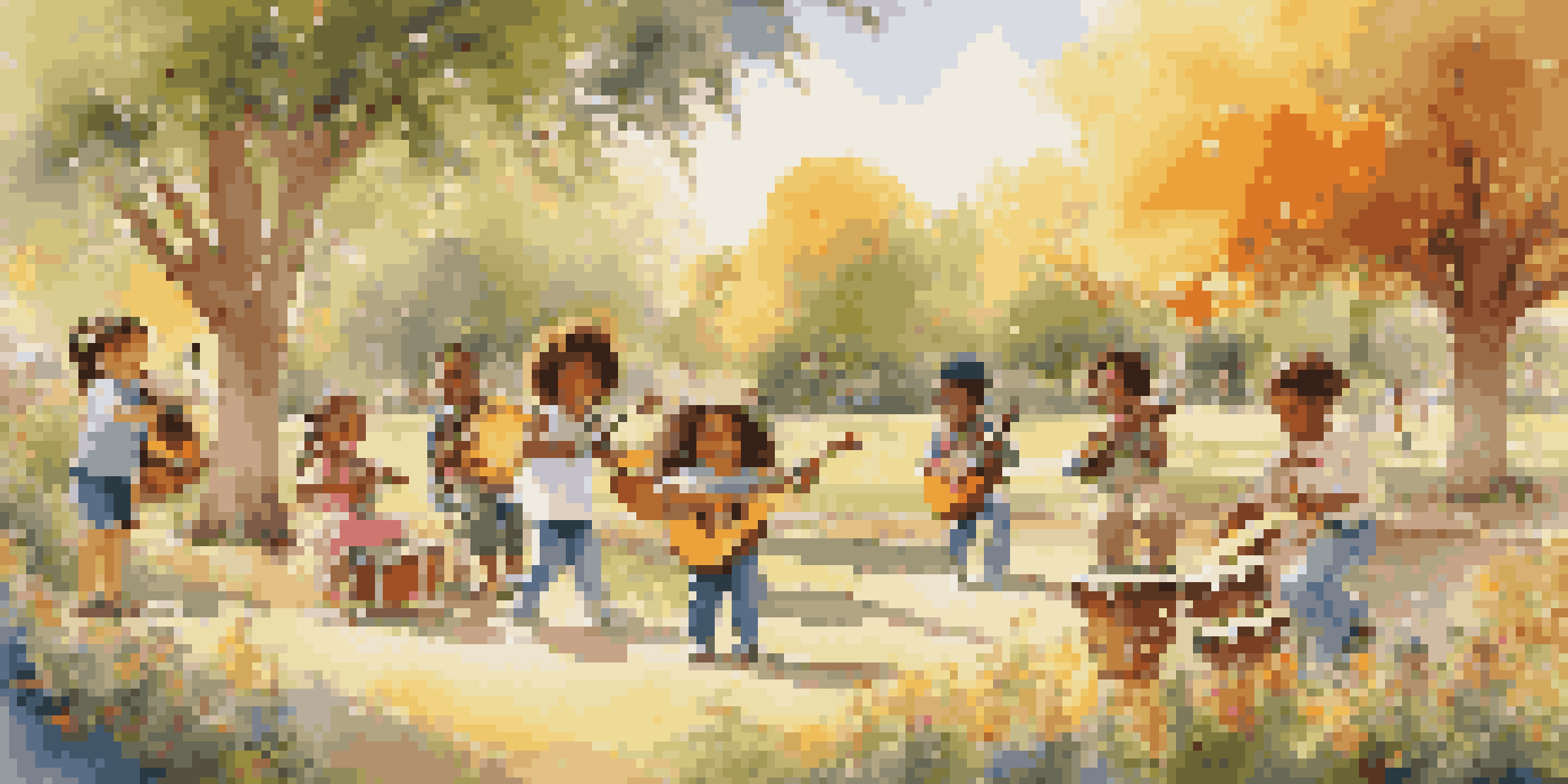 A group of diverse children happily playing musical instruments in a sunny park surrounded by colorful trees and flowers.