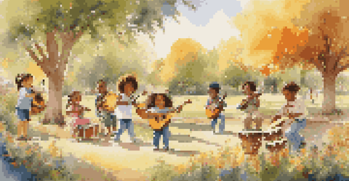 A group of diverse children happily playing musical instruments in a sunny park surrounded by colorful trees and flowers.