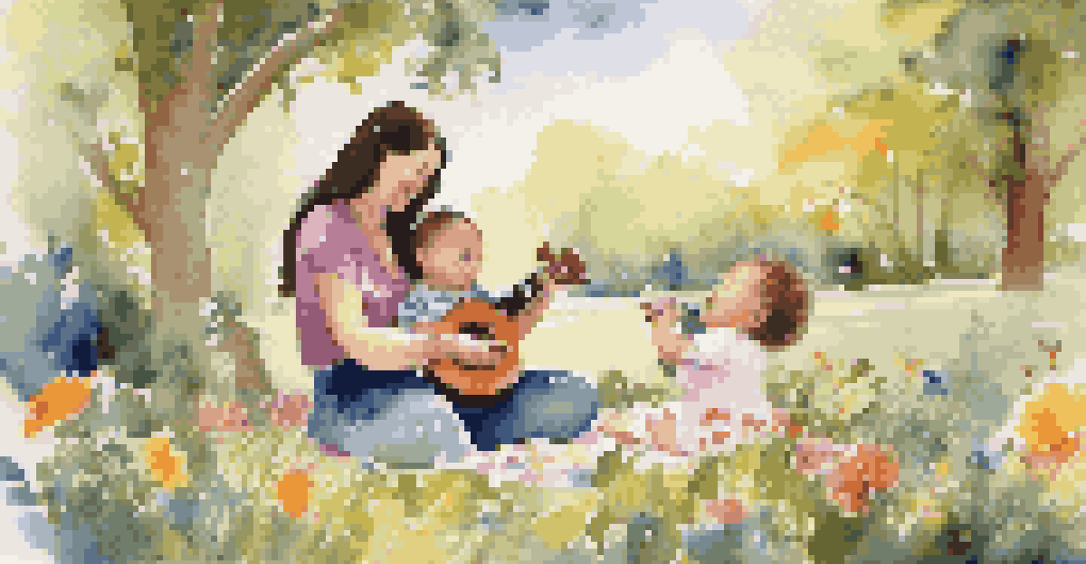 A caregiver and infant having fun during musical playtime in a sunny park, with a ukulele and playful musical elements.