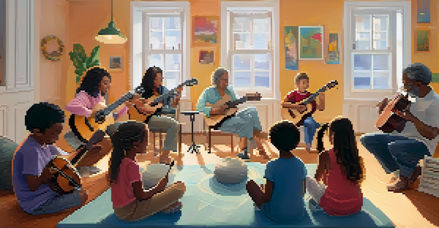 A music therapy session with diverse participants playing instruments in a warm and inviting room.