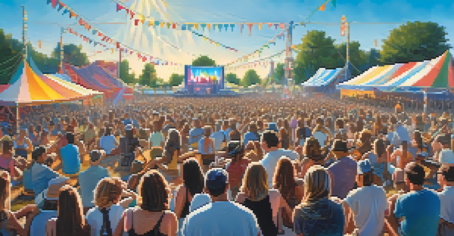 An outdoor music festival with musicians on stage playing acoustic and electric instruments, and an engaged audience enjoying the performance.