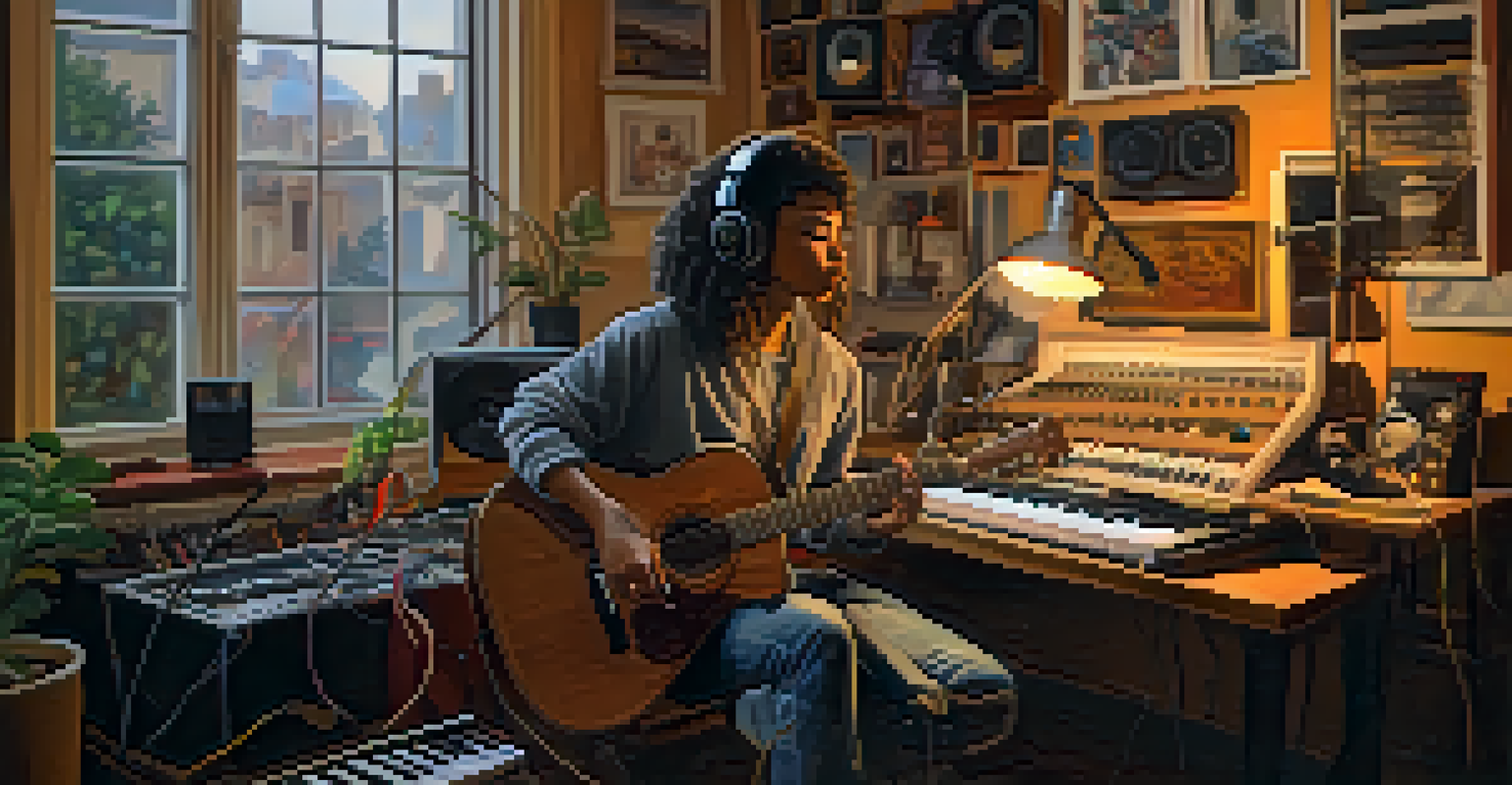 An artist in a studio during a live streaming session, surrounded by instruments and engaged with fans.
