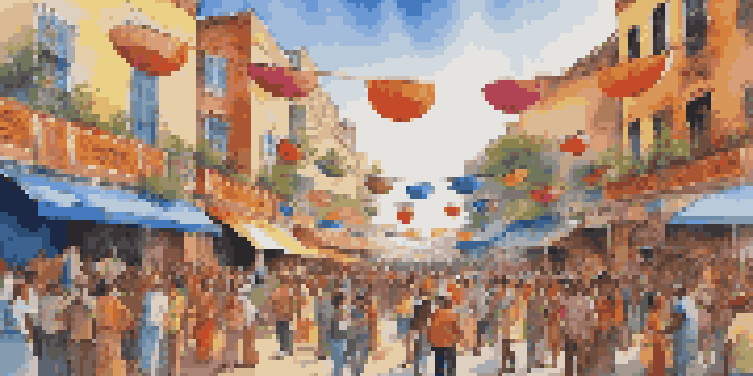 A lively outdoor music festival featuring traditional and contemporary musicians performing together, surrounded by a diverse audience and colorful decorations.