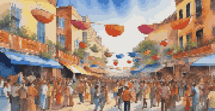 A lively outdoor music festival featuring traditional and contemporary musicians performing together, surrounded by a diverse audience and colorful decorations.