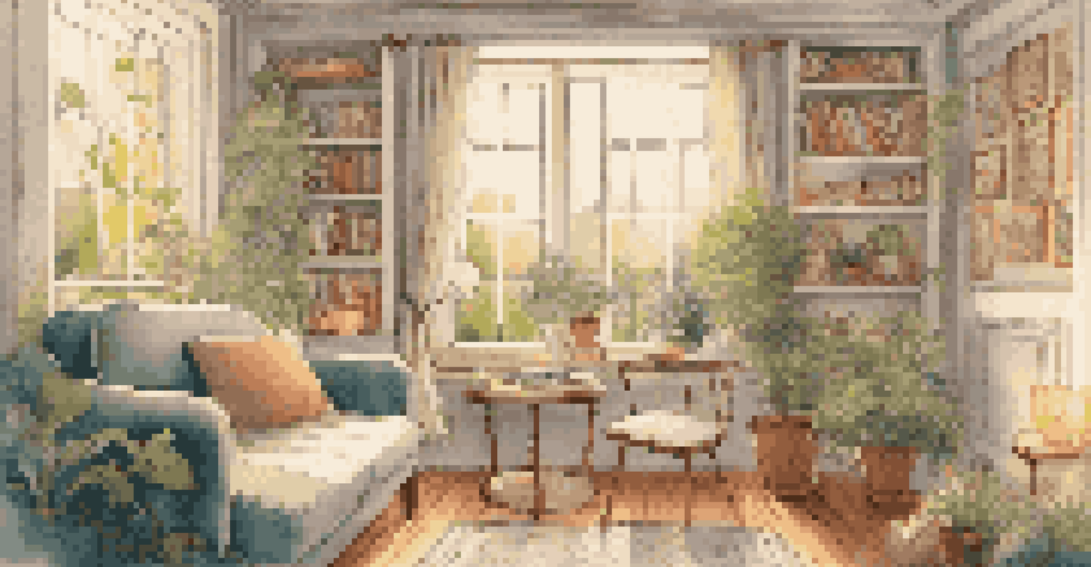 A cozy room with soft lighting, where a person is listening to classical music through headphones, with musical notes on the walls.