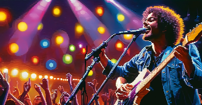 A musician passionately playing guitar on stage with bright lights and an engaged audience.