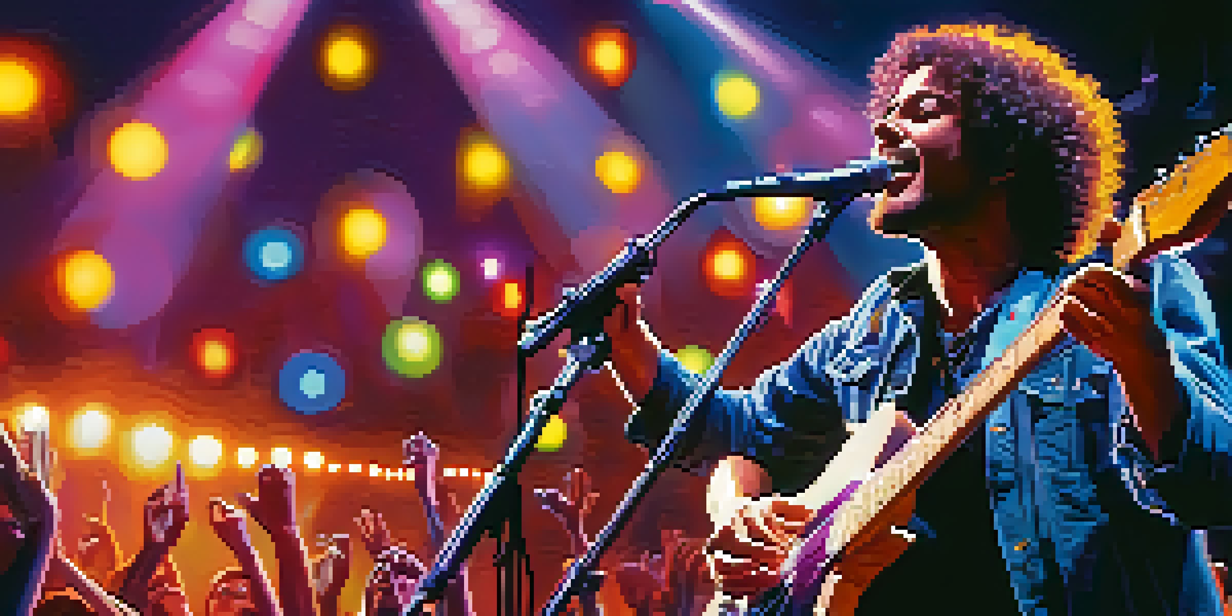 A musician passionately playing guitar on stage with bright lights and an engaged audience.