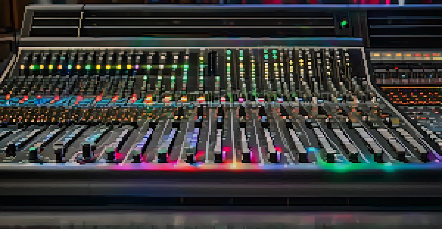 A close-up view of a mixing console with colorful LED lights and blurred music notes in the background.