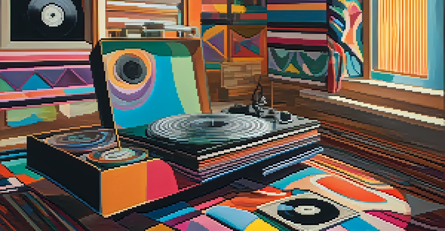 A vintage record player with colorful psychedelic album covers around it, illuminated by soft ambient light.