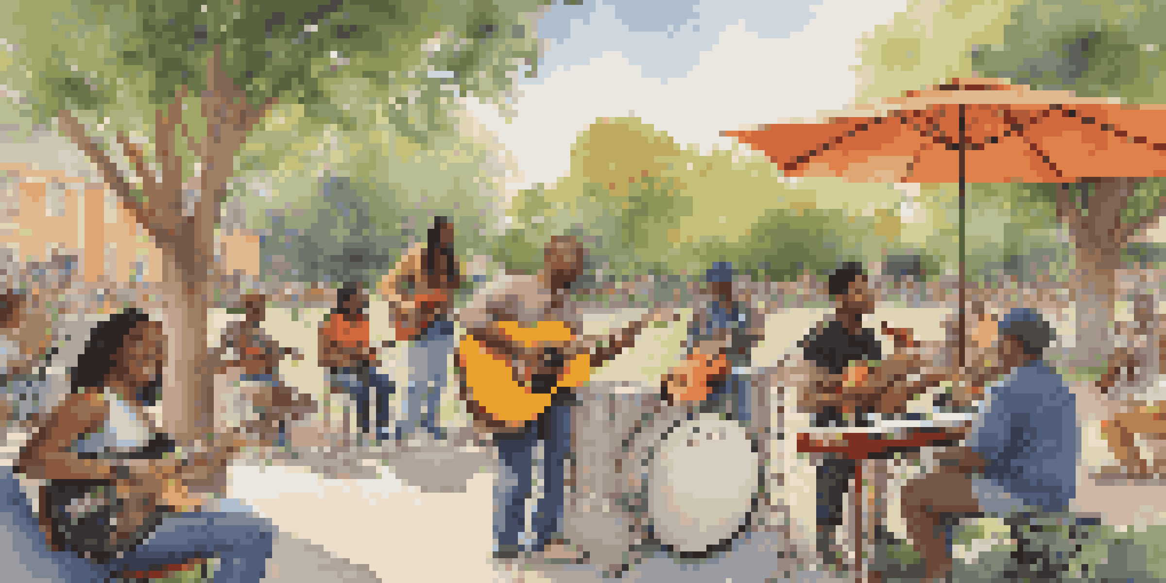 A diverse group of young musicians playing instruments in a sunny urban park with colorful murals and an engaged audience.