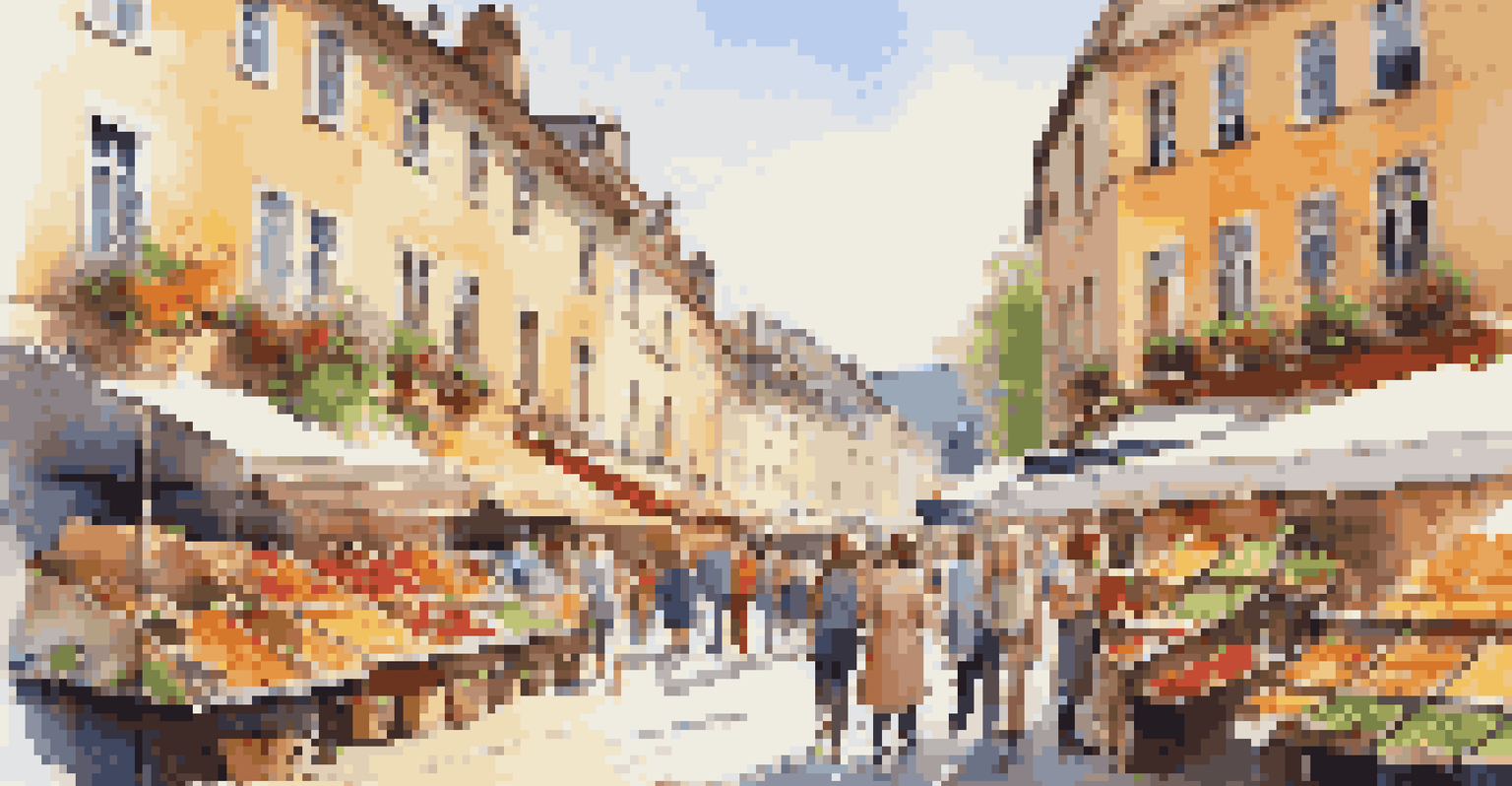 A bustling market scene in a European town, with colorful stalls and people enjoying the lively atmosphere.