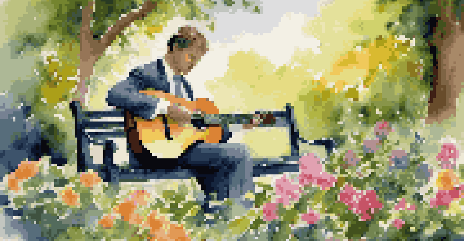 A classical guitarist playing in a lush garden filled with blooming flowers, with sunlight casting gentle shadows around them.