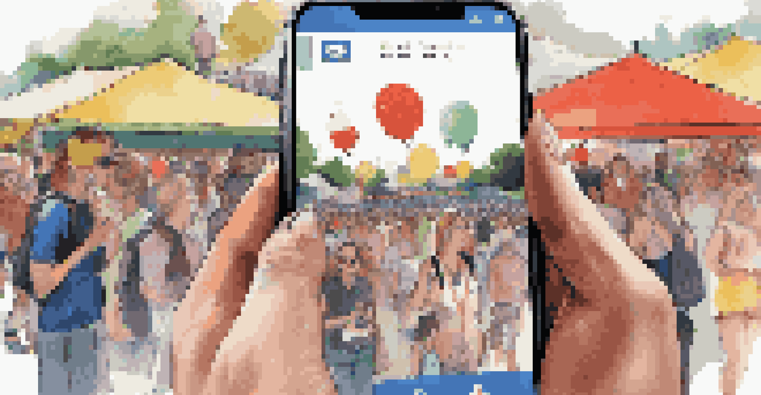 A festival-goer using a mobile app for accessibility, with a bustling festival scene in the background, illustrating the role of technology in promoting inclusivity.