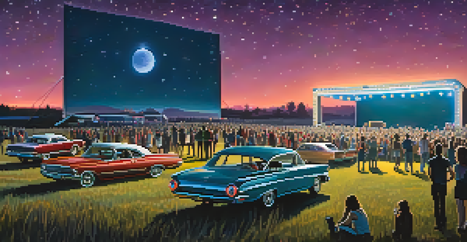A drive-in concert scene with cars parked in a field, facing a brightly lit stage where a band is performing under a starry night sky.