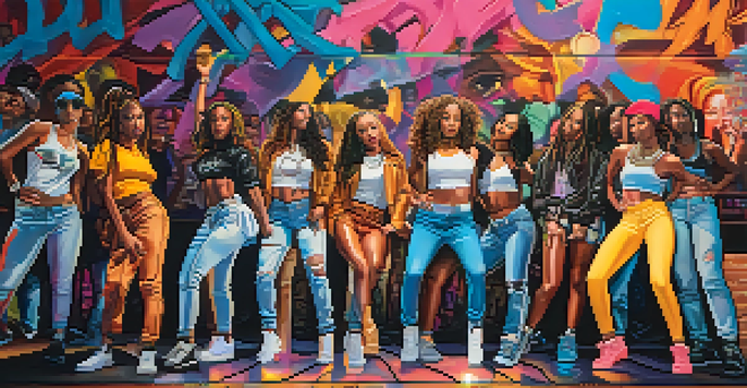 A group of female hip-hop artists performing on stage in an urban setting with colorful graffiti in the background.