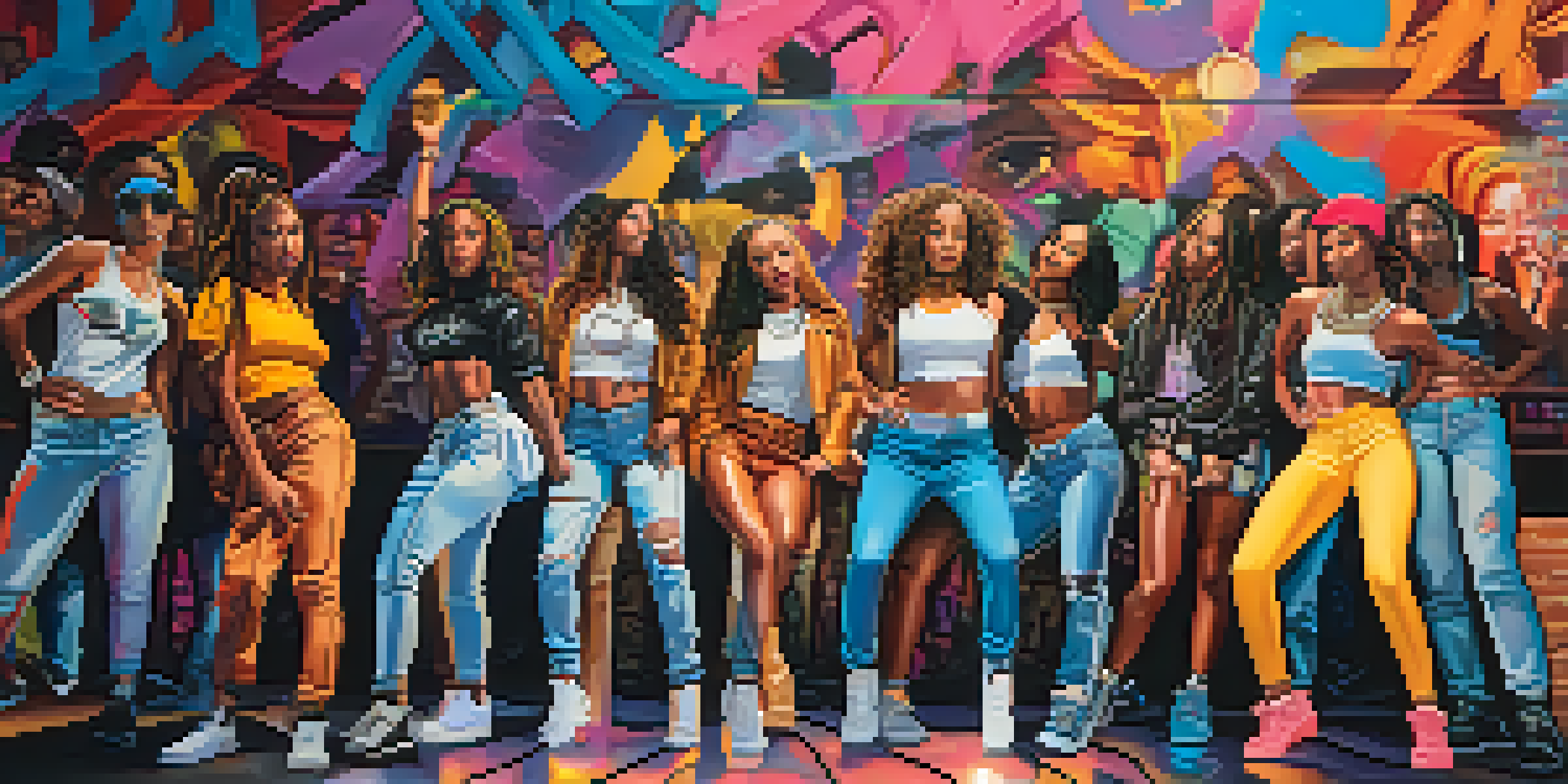 A group of female hip-hop artists performing on stage in an urban setting with colorful graffiti in the background.