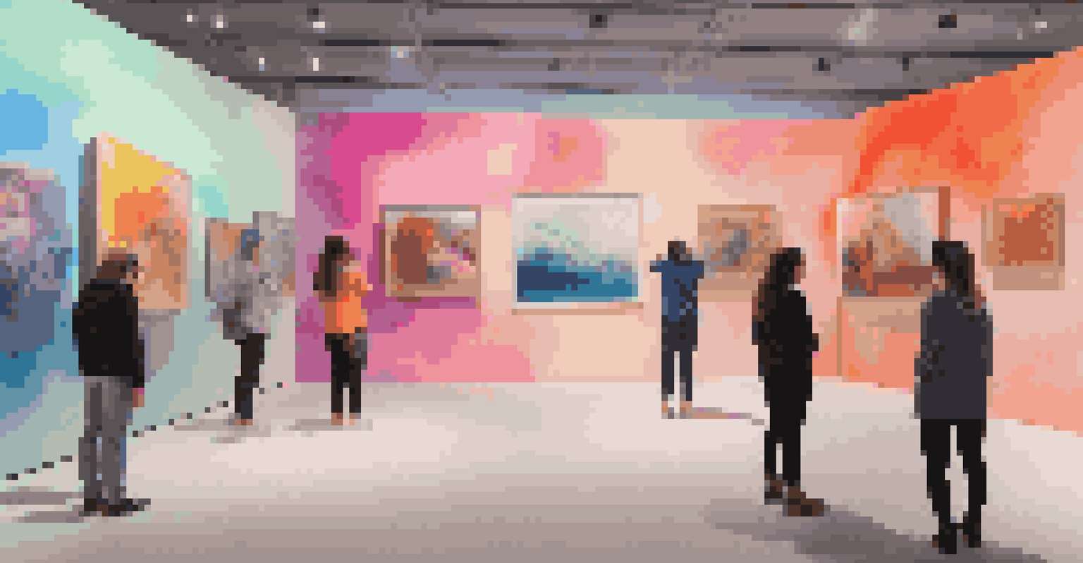 A virtual reality art gallery with colorful 3D installations and an immersive sound environment, illustrating the fusion of music and visual art.