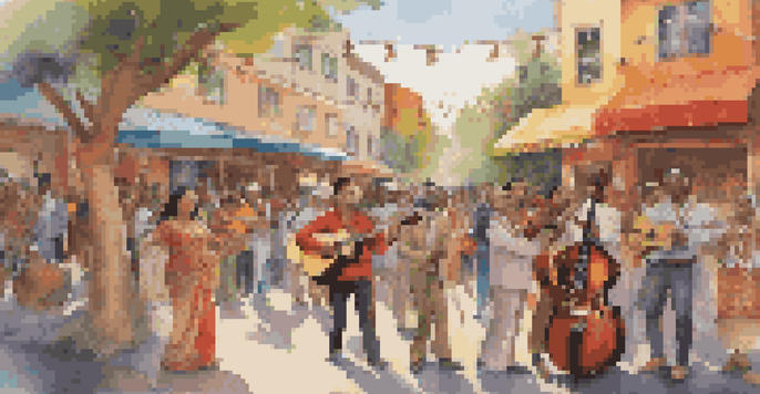 A diverse group of musicians performing together in a lively street scene with colorful murals and a cheering crowd.