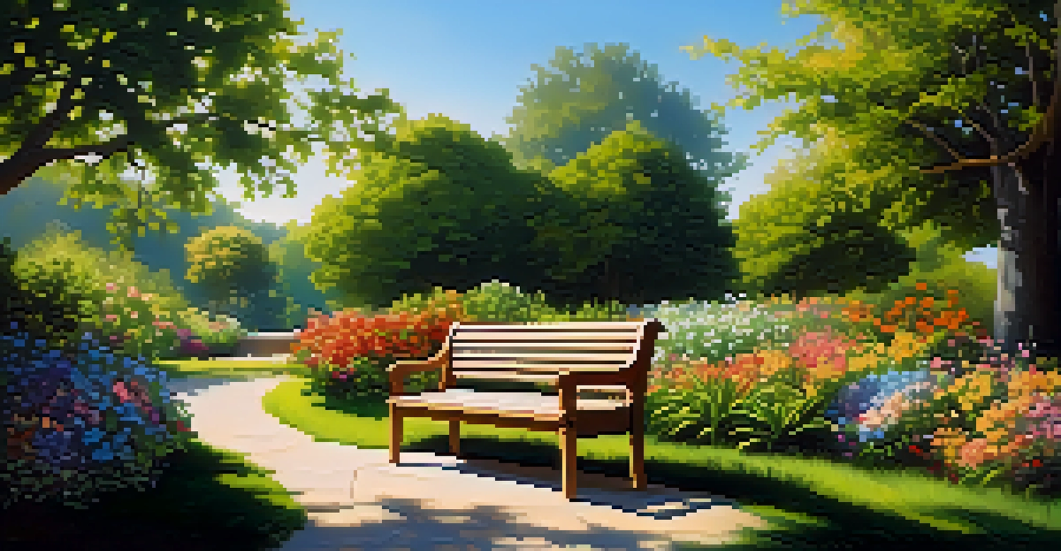 A beautiful garden with colorful flowers, green plants, and a wooden bench under a tree, illuminated by soft sunlight.
