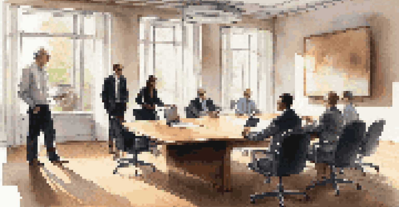 A meeting room with professionals around a wooden table discussing a music licensing agreement, with a laptop open on the table and natural light streaming in.