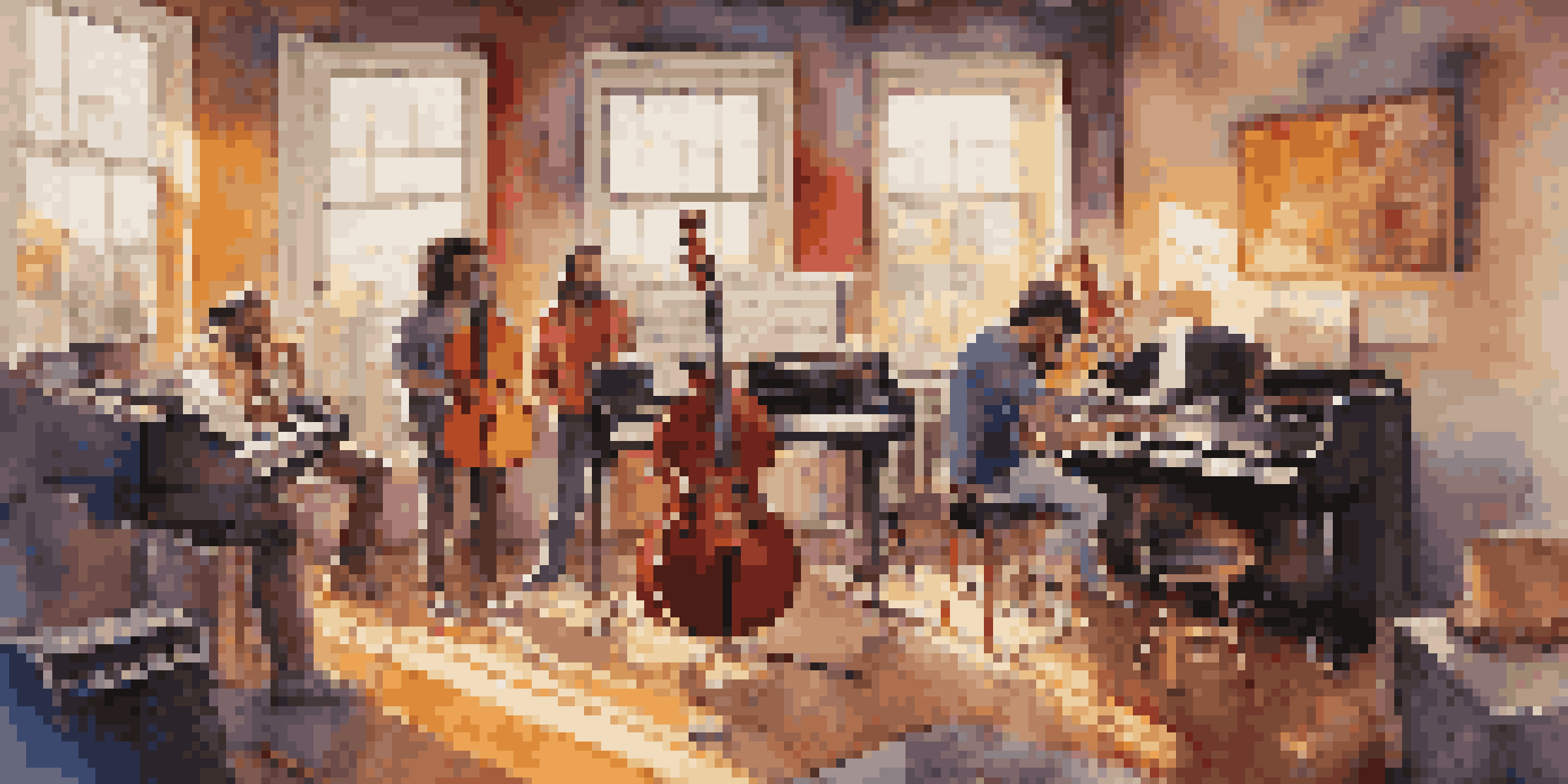 A lively and colorful music studio with musicians collaborating on a project, sunlight streaming through the windows.