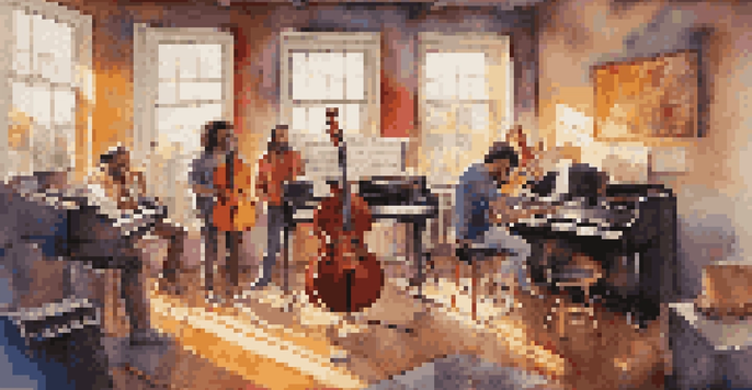A lively and colorful music studio with musicians collaborating on a project, sunlight streaming through the windows.