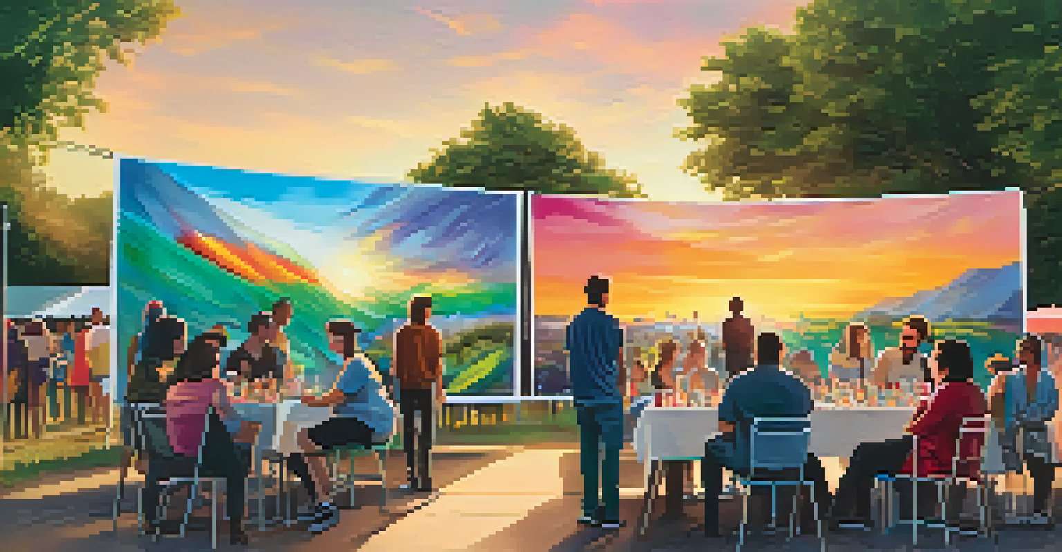 An outdoor art event featuring two artists displaying their collaborative work to an enthusiastic audience, with a beautiful sunset.