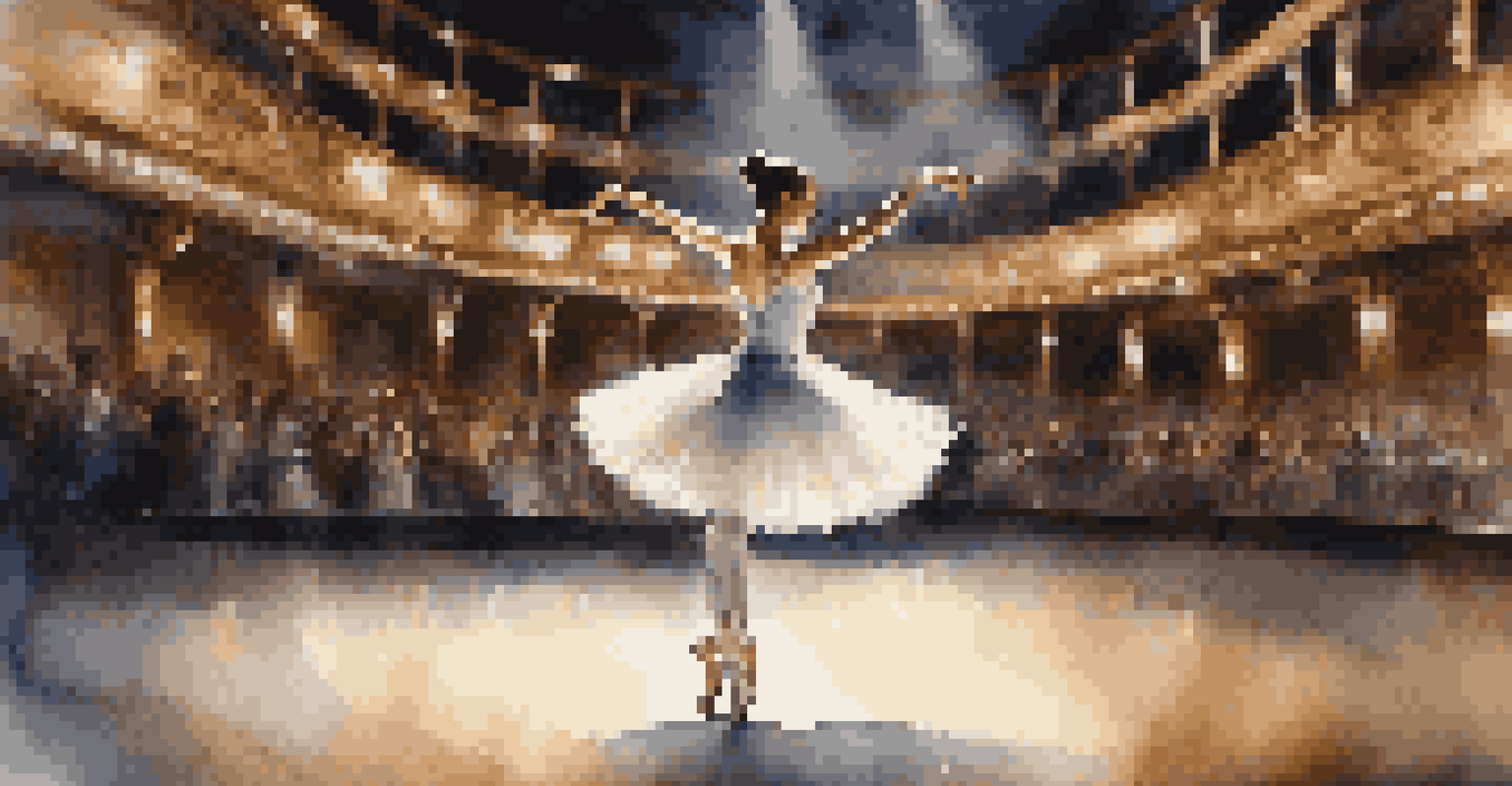 A ballet dancer in a white tutu performing on stage under soft lights, with an ornate theater blurred in the background.