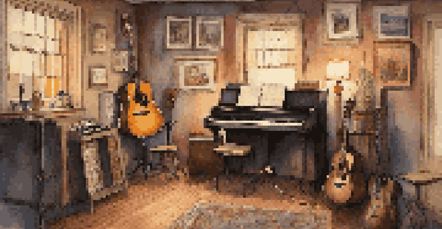 A cozy music studio with a singer-songwriter recording, surrounded by vintage instruments and warm lighting.