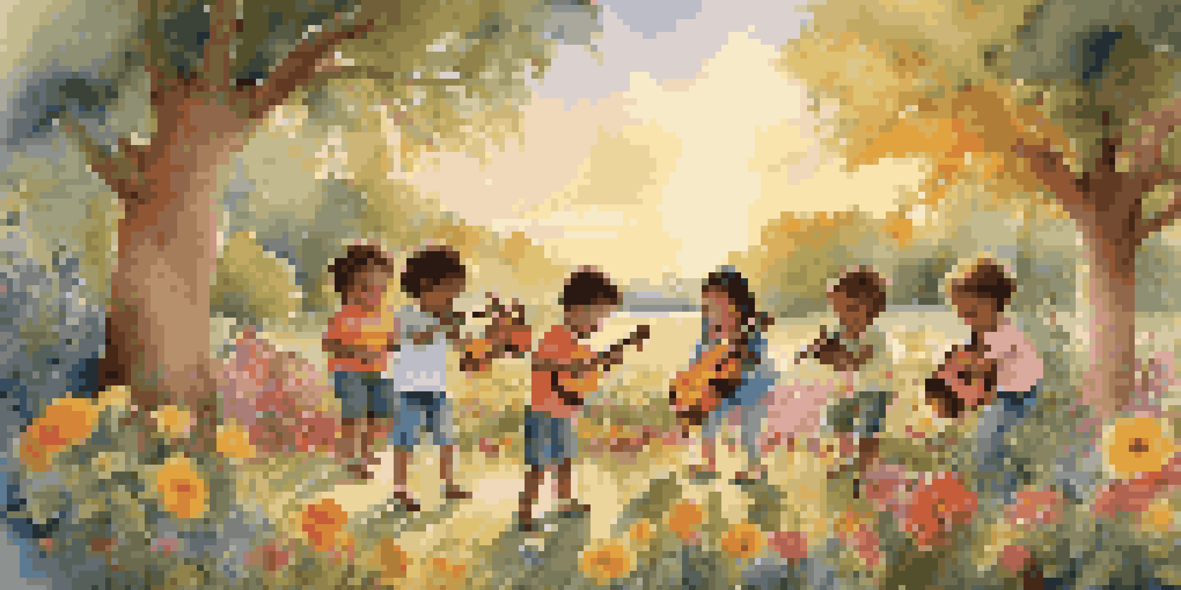 Children playing musical instruments outdoors in a colorful setting with flowers and trees during sunset.