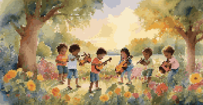 Children playing musical instruments outdoors in a colorful setting with flowers and trees during sunset.