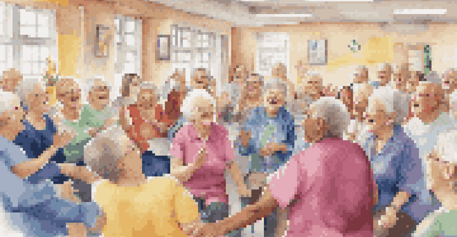 A group of elderly Alzheimer's patients engaged in a sing-along session led by a caregiver, with smiles and clapping hands.