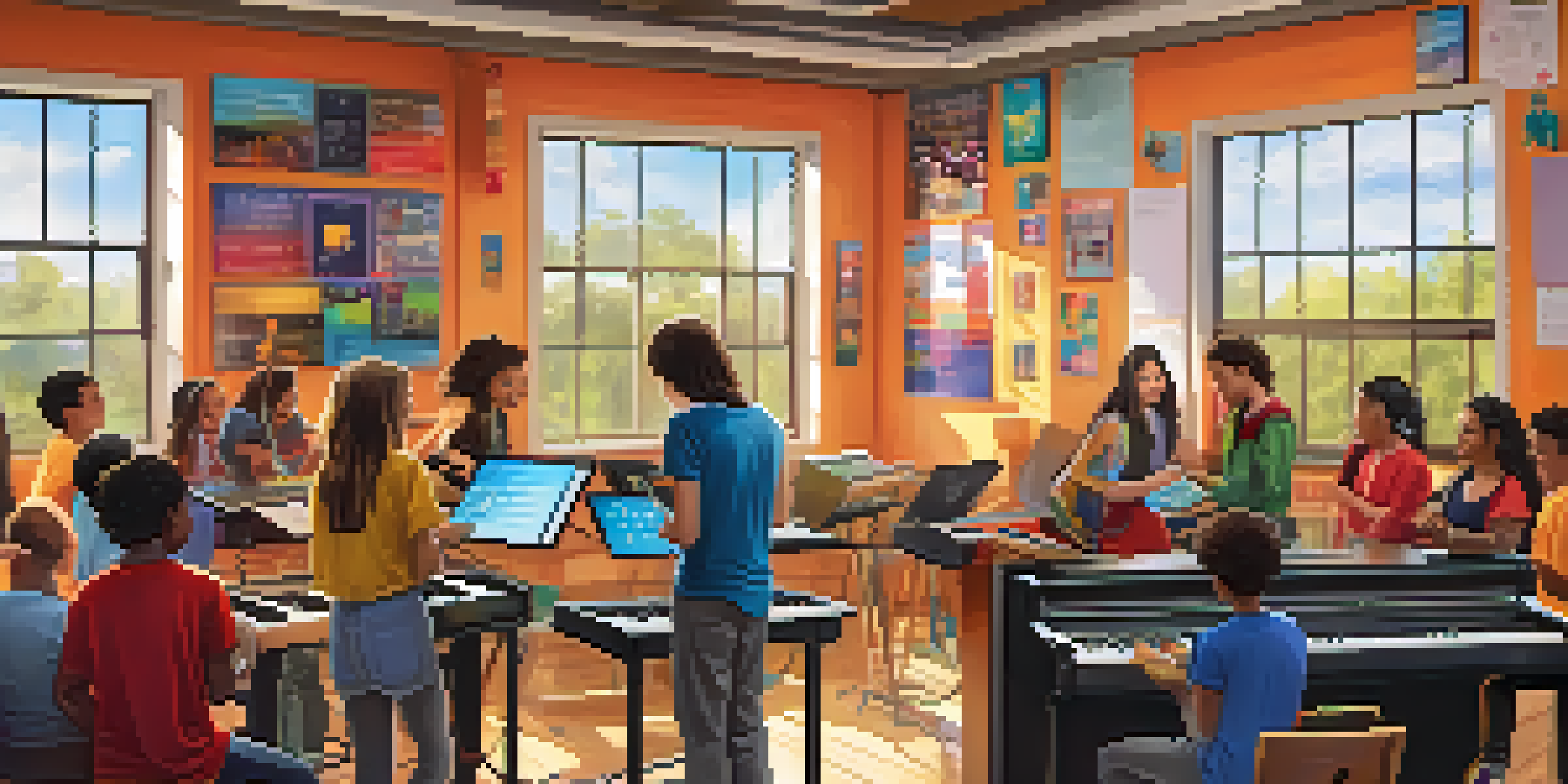 A lively classroom with students using tablets and computers for music education, surrounded by musical instruments and colorful decorations.
