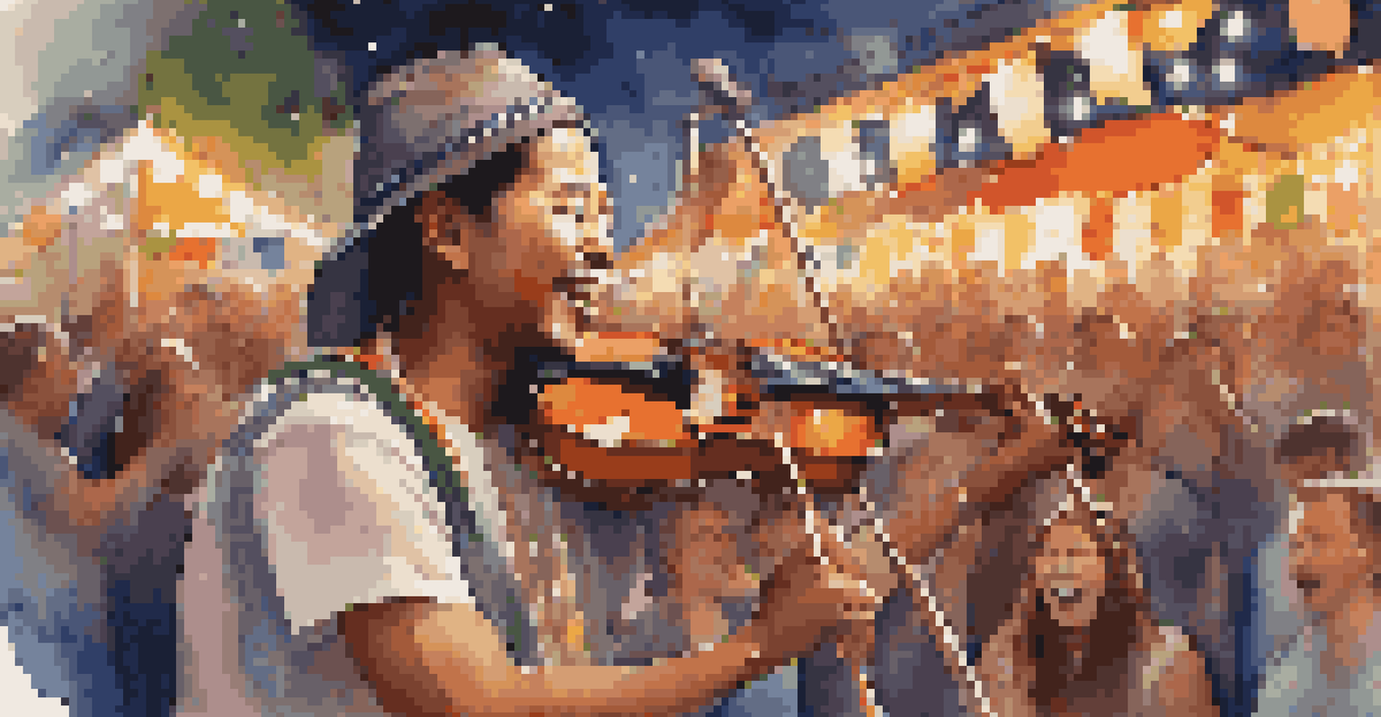 A musician playing a traditional instrument with an engaged audience, reflecting passion and joy at a festival.