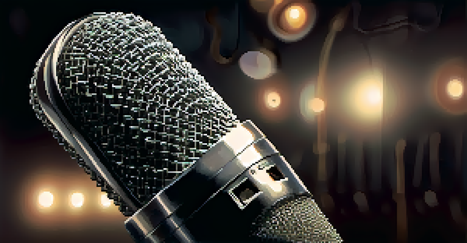 A vintage microphone illuminated against a dark background, with blurred musical notes in the backdrop.