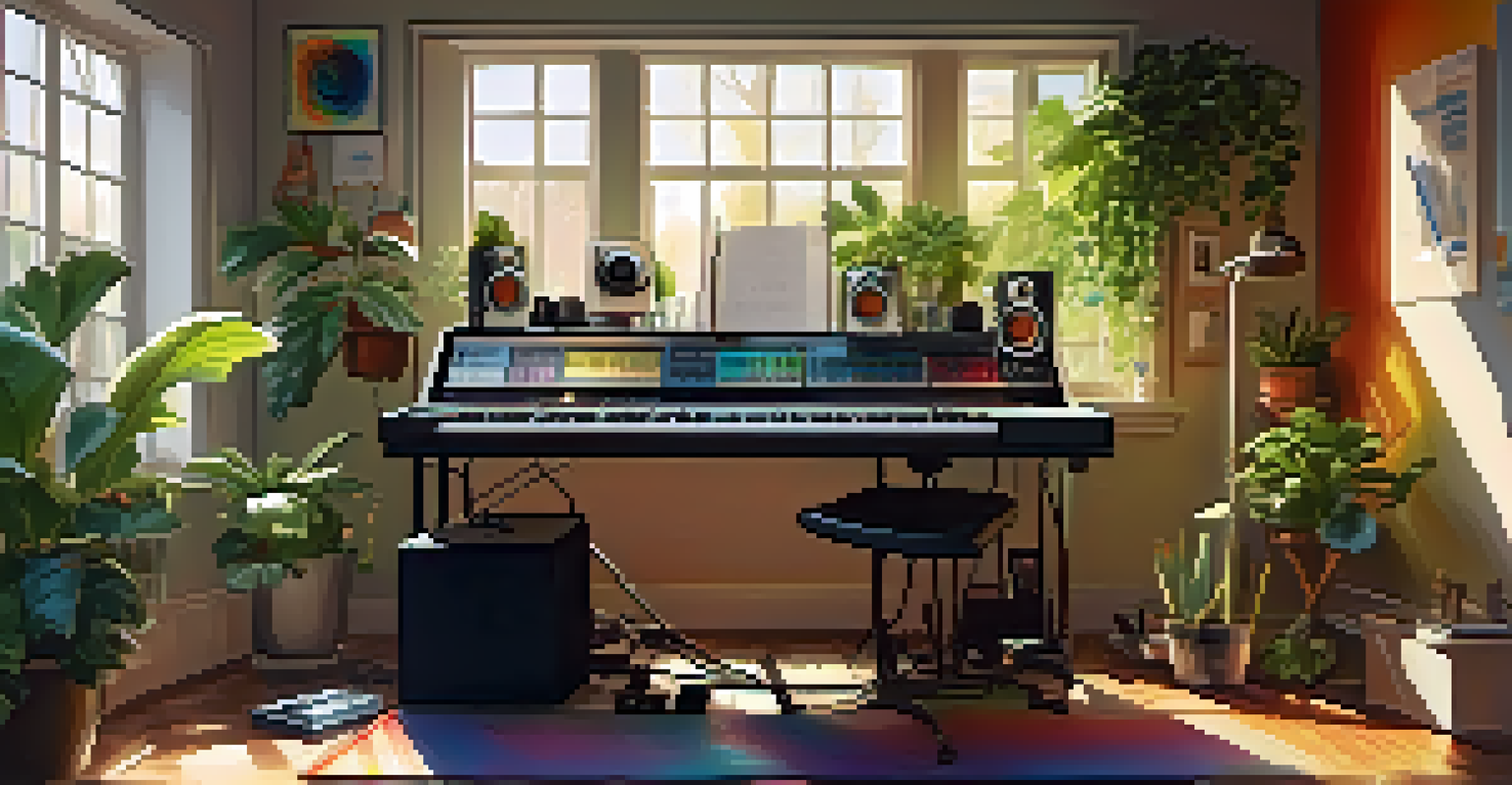 A cozy home studio with a microphone, headphones, and sunlight streaming through a window, surrounded by plants and artwork.