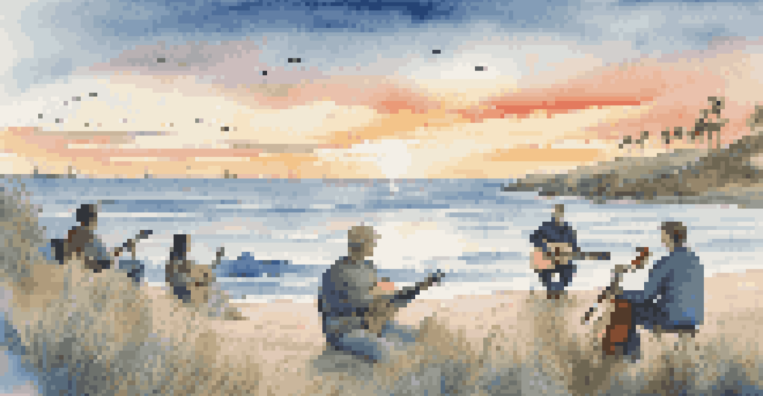 Musicians playing guitars on a beach at sunset, with ocean conservation signs nearby and a tranquil atmosphere.