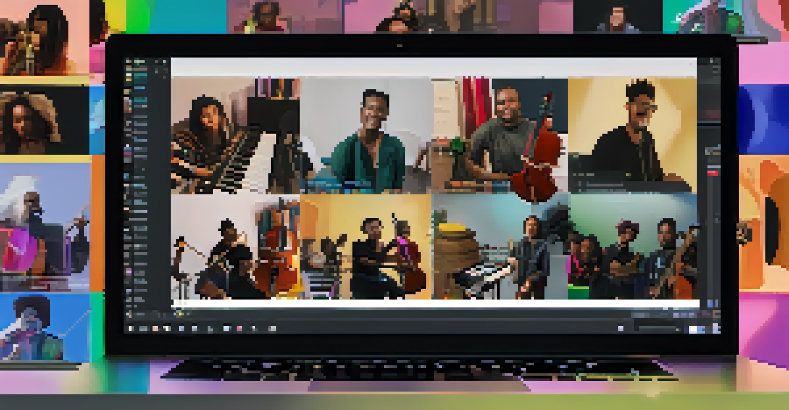 A computer screen showing a collaborative online jam session with musicians from diverse backgrounds playing instruments together.