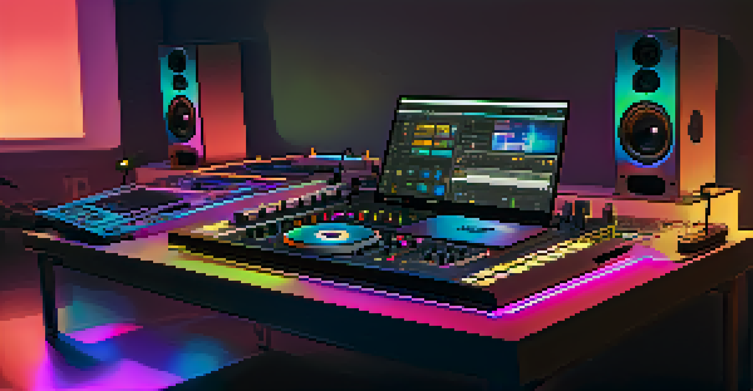 A modern DJ setup with a laptop, digital controllers, and a mixer on a sleek table, illuminated by colorful LED lights.