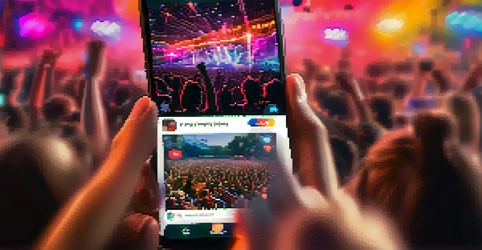 A smartphone screen displaying a lively social media feed about music trends, with a blurred concert crowd in the background.