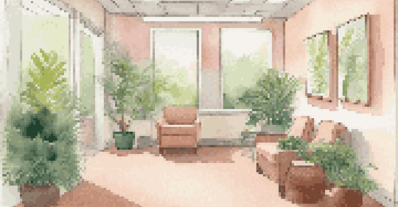 A tranquil prenatal clinic waiting room with a mother-to-be listening to soothing music and surrounded by greenery.