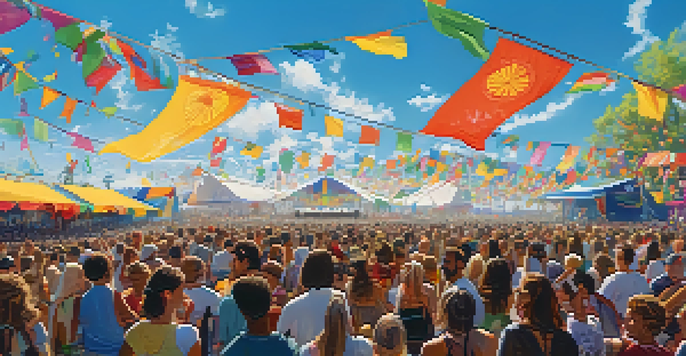 A lively music festival with artists on stage and solar panels in the background, a diverse crowd enjoying the performance.