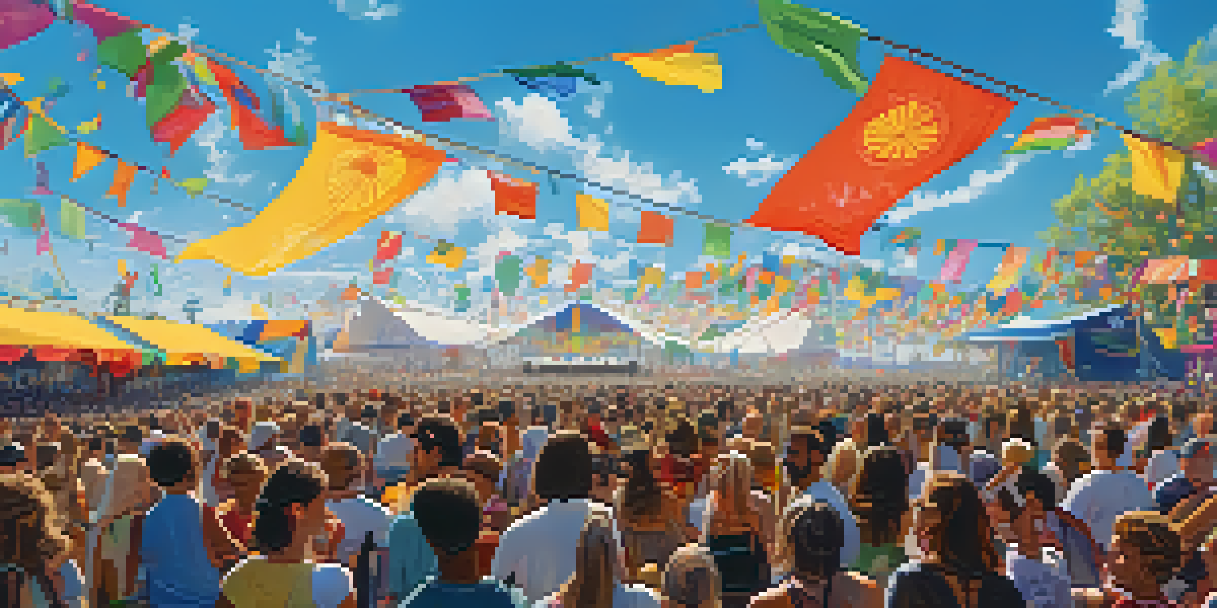 A lively music festival with artists on stage and solar panels in the background, a diverse crowd enjoying the performance.