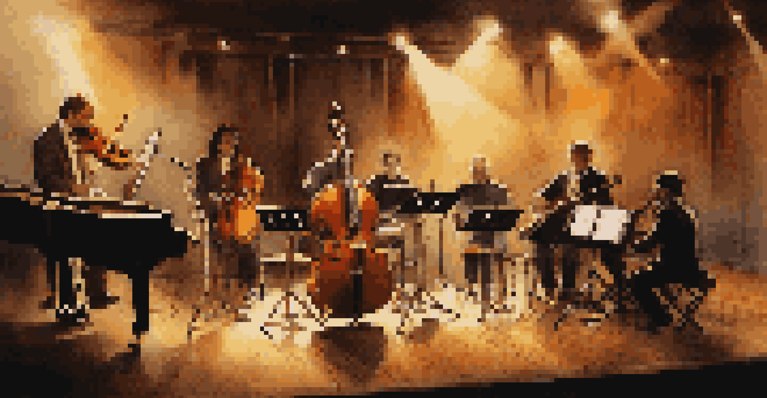An artistic arrangement of musical instruments on a stage with warm lighting and blurred musicians in the background.